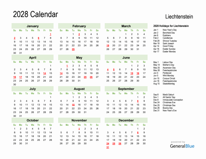 Holiday Calendar 2028 for Liechtenstein (Sunday Start)