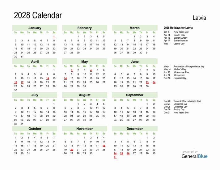 Holiday Calendar 2028 for Latvia (Sunday Start)