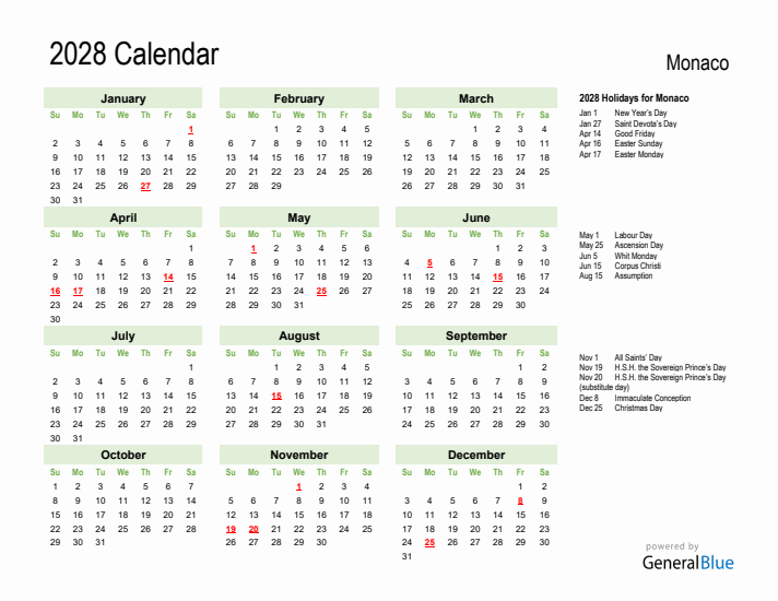 Holiday Calendar 2028 for Monaco (Sunday Start)