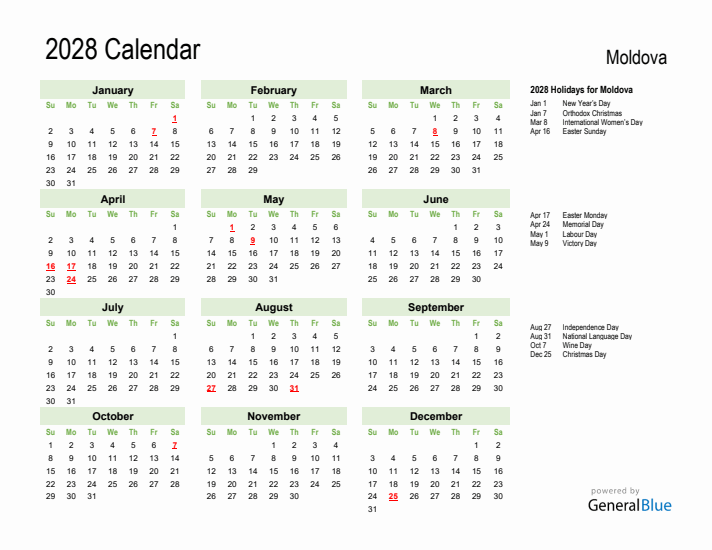 Holiday Calendar 2028 for Moldova (Sunday Start)
