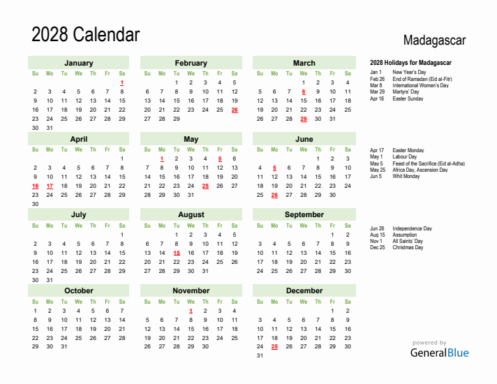 Holiday Calendar 2028 for Madagascar (Sunday Start)