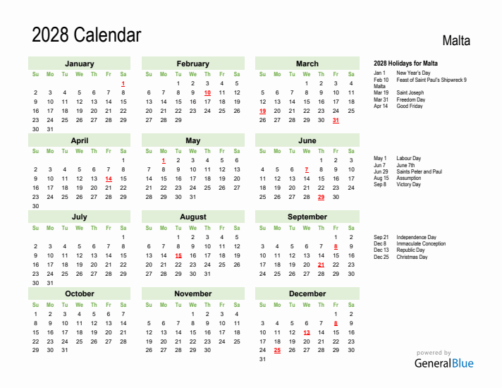 Holiday Calendar 2028 for Malta (Sunday Start)