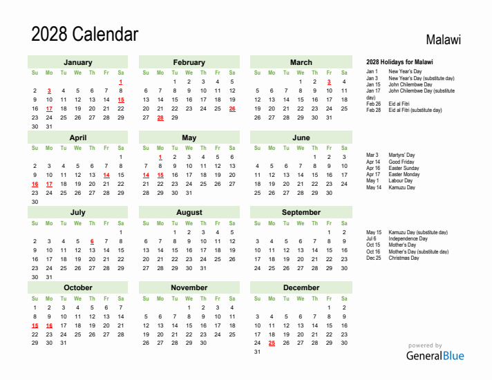 Holiday Calendar 2028 for Malawi (Sunday Start)