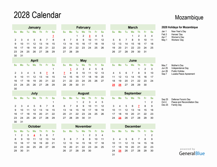 Holiday Calendar 2028 for Mozambique (Sunday Start)