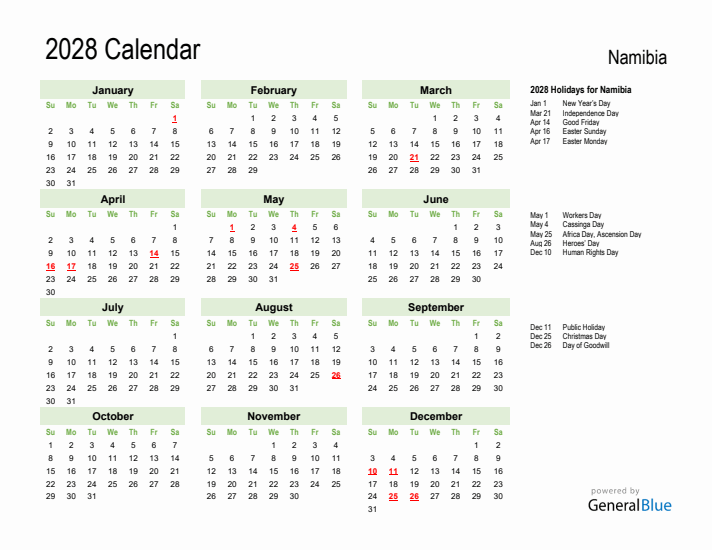 Holiday Calendar 2028 for Namibia (Sunday Start)