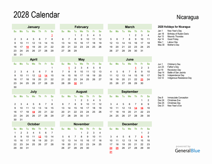 Holiday Calendar 2028 for Nicaragua (Sunday Start)