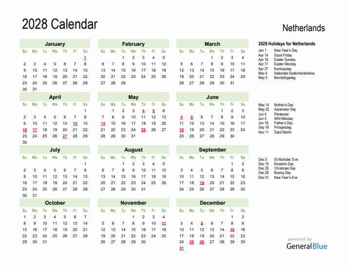 Holiday Calendar 2028 for The Netherlands (Sunday Start)