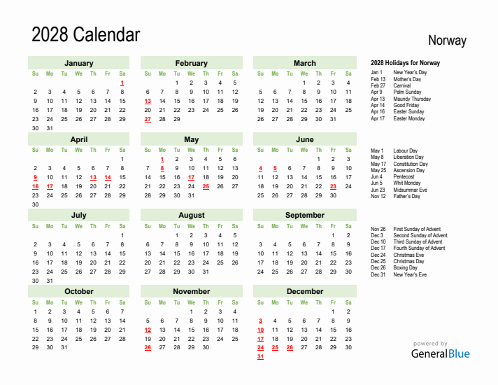 Holiday Calendar 2028 for Norway (Sunday Start)