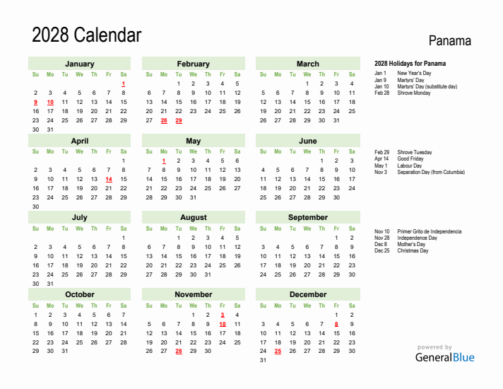 Holiday Calendar 2028 for Panama (Sunday Start)