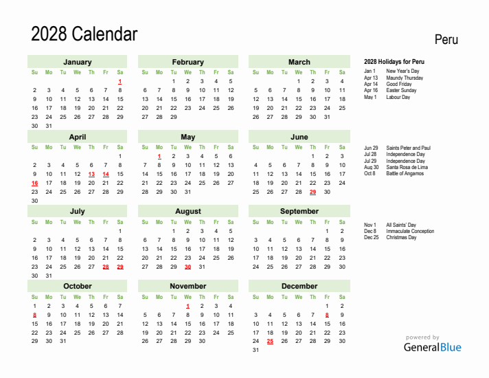 Holiday Calendar 2028 for Peru (Sunday Start)
