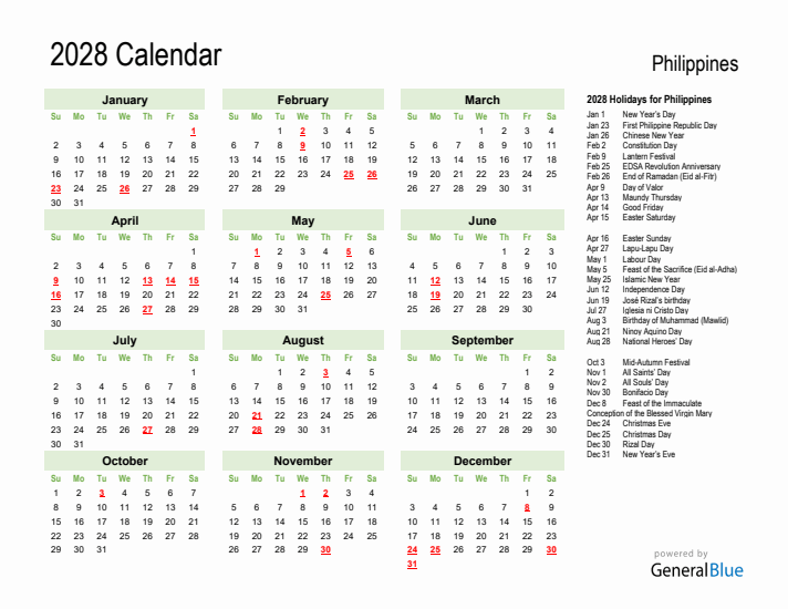 Holiday Calendar 2028 for Philippines (Sunday Start)