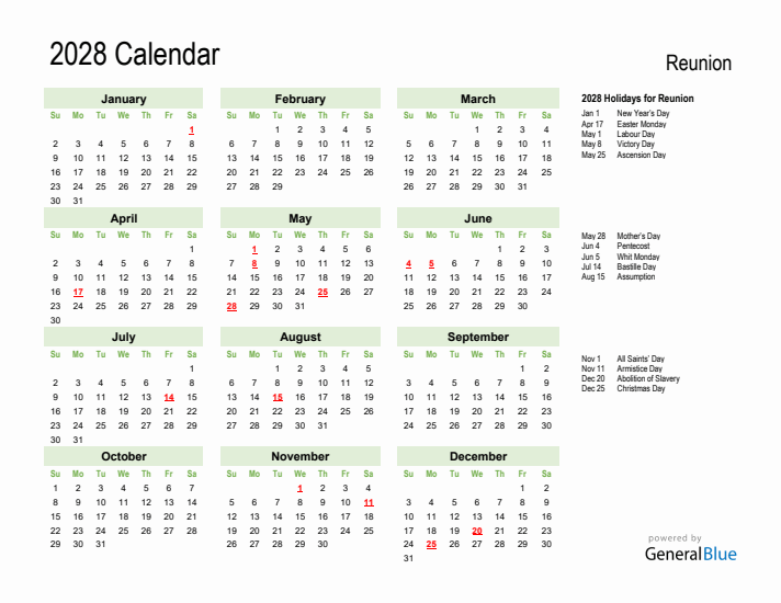 Holiday Calendar 2028 for Reunion (Sunday Start)