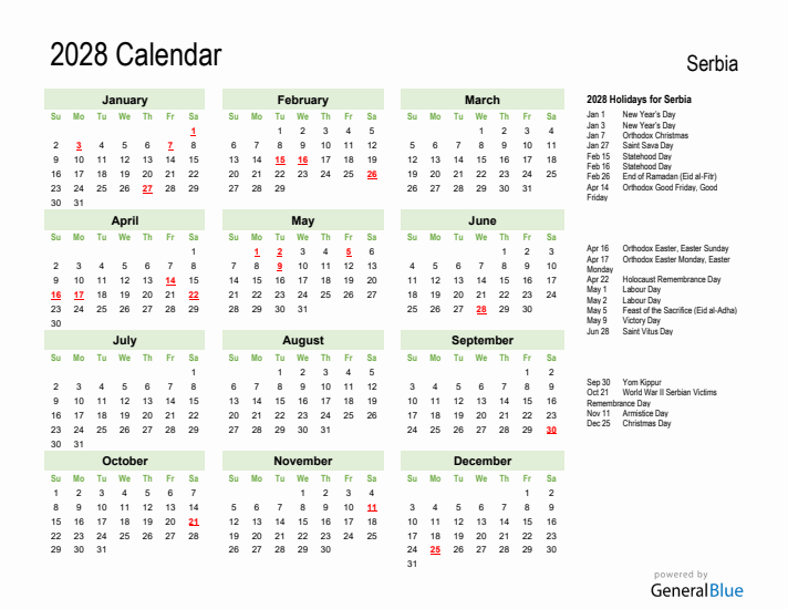Holiday Calendar 2028 for Serbia (Sunday Start)