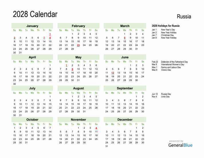 Holiday Calendar 2028 for Russia (Sunday Start)