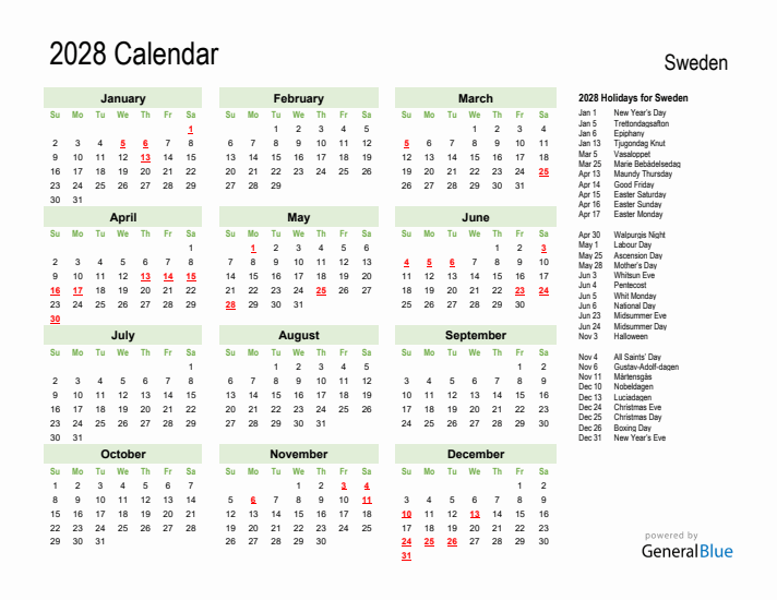 Holiday Calendar 2028 for Sweden (Sunday Start)