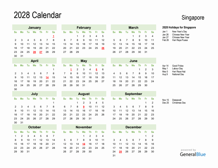 Holiday Calendar 2028 for Singapore (Sunday Start)