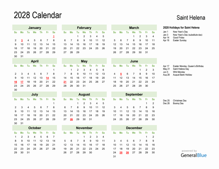 Holiday Calendar 2028 for Saint Helena (Sunday Start)