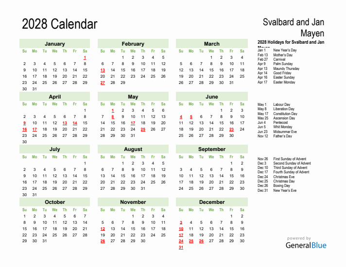 Holiday Calendar 2028 for Svalbard and Jan Mayen (Sunday Start)
