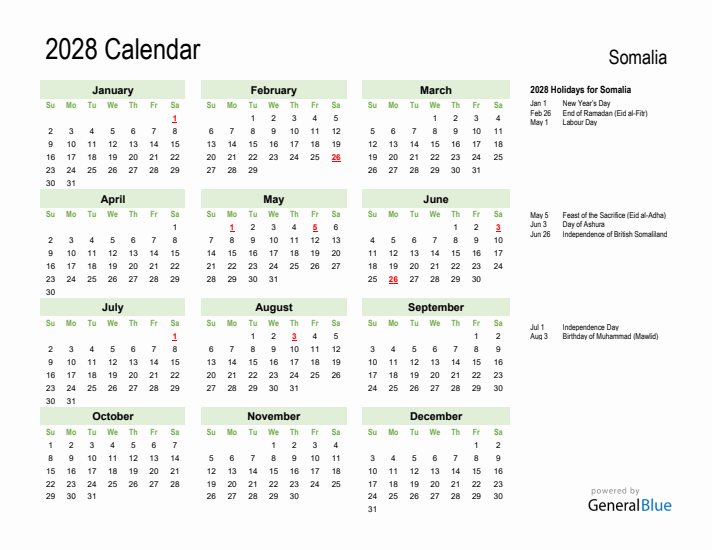 Holiday Calendar 2028 for Somalia (Sunday Start)
