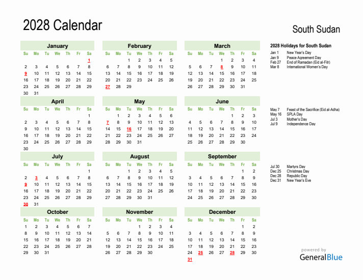 Holiday Calendar 2028 for South Sudan (Sunday Start)