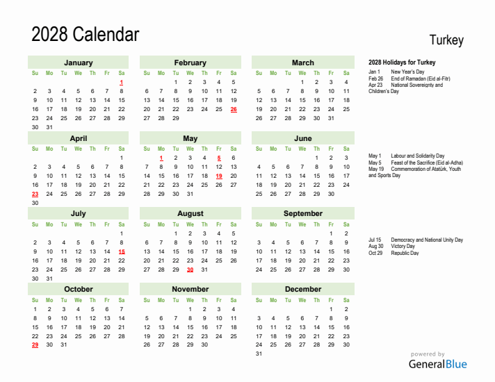 Holiday Calendar 2028 for Turkey (Sunday Start)