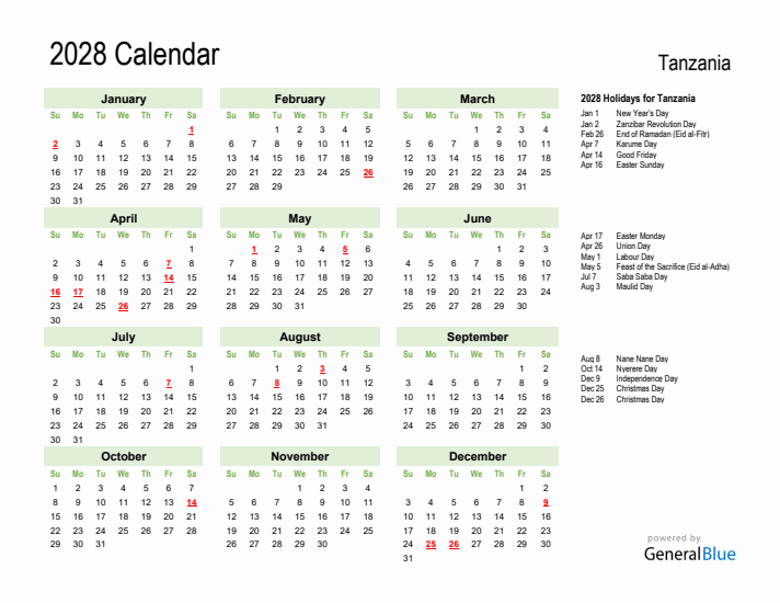 Holiday Calendar 2028 for Tanzania (Sunday Start)
