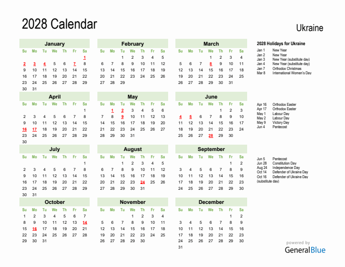 Holiday Calendar 2028 for Ukraine (Sunday Start)