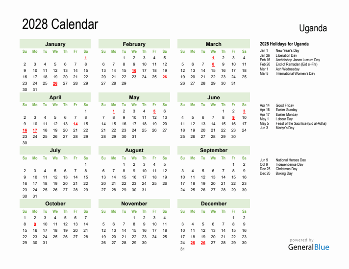 Holiday Calendar 2028 for Uganda (Sunday Start)