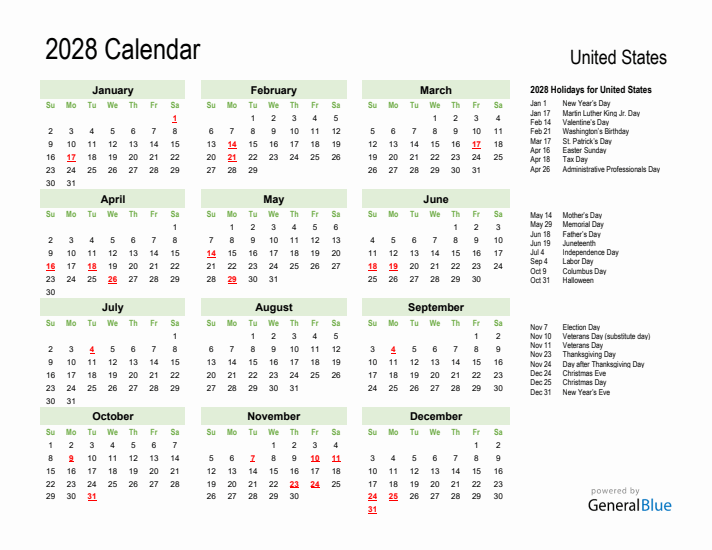 Holiday Calendar 2028 for United States (Sunday Start)