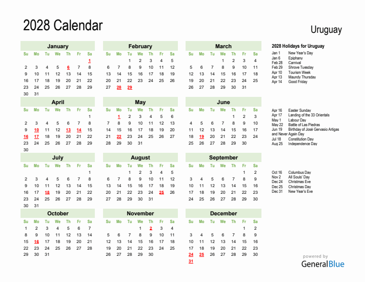 Holiday Calendar 2028 for Uruguay (Sunday Start)