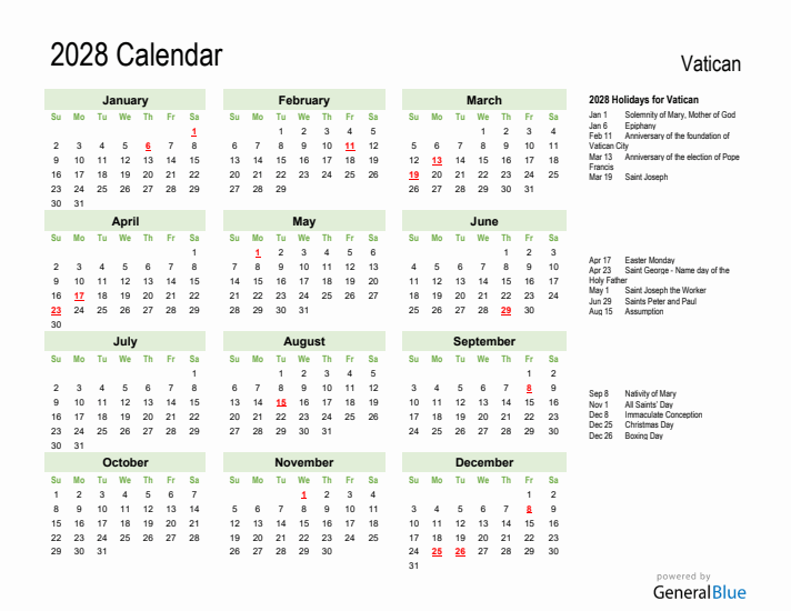 Holiday Calendar 2028 for Vatican (Sunday Start)