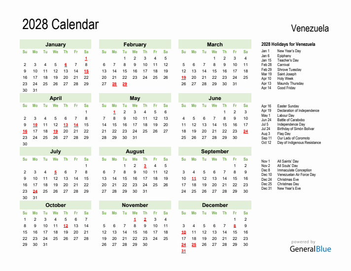 Holiday Calendar 2028 for Venezuela (Sunday Start)