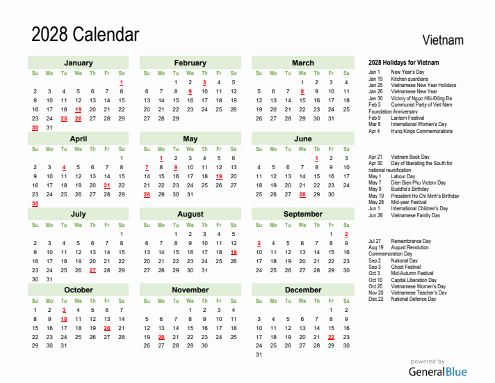 Holiday Calendar 2028 for Vietnam (Sunday Start)