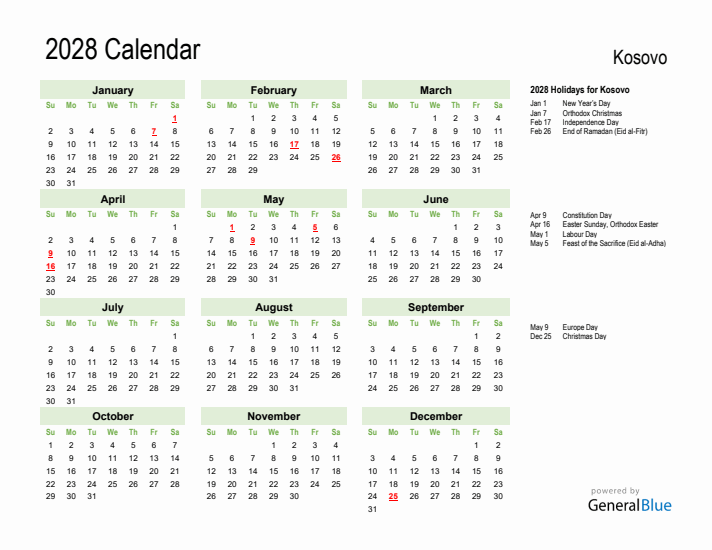 Holiday Calendar 2028 for Kosovo (Sunday Start)