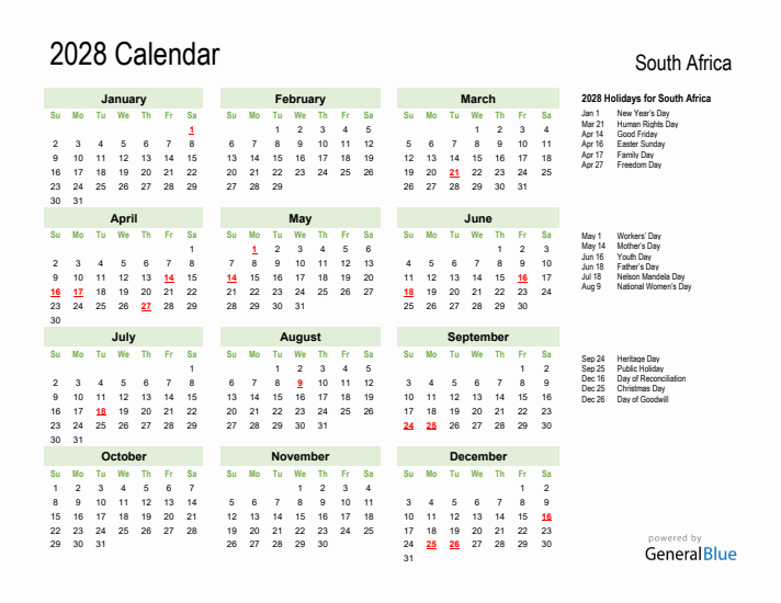 Holiday Calendar 2028 for South Africa (Sunday Start)