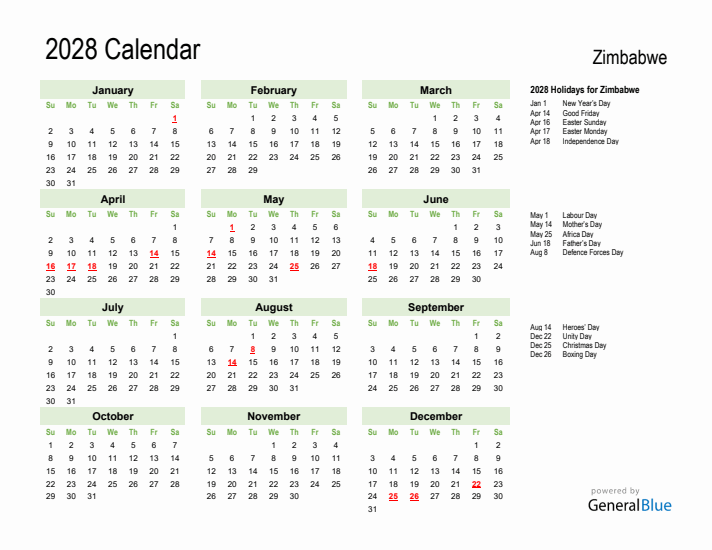 Holiday Calendar 2028 for Zimbabwe (Sunday Start)