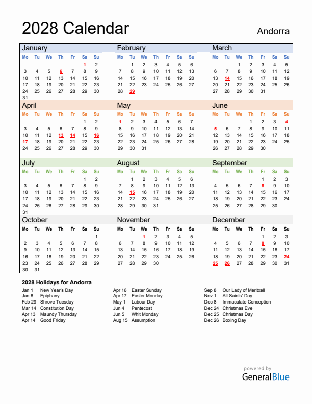 Calendar 2028 with Andorra Holidays