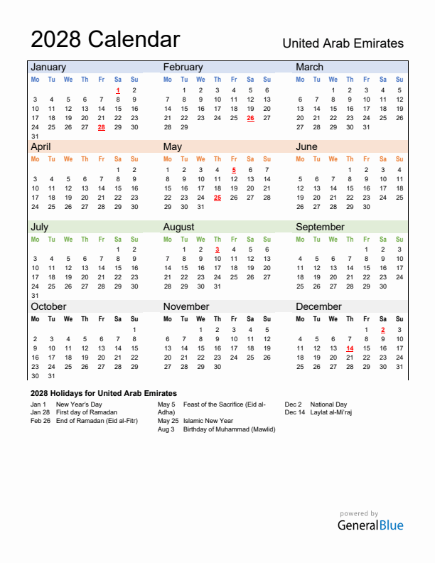 Calendar 2028 with United Arab Emirates Holidays