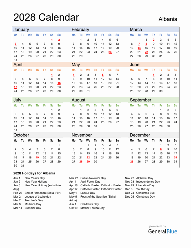 Calendar 2028 with Albania Holidays