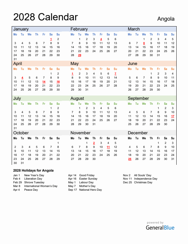 Calendar 2028 with Angola Holidays
