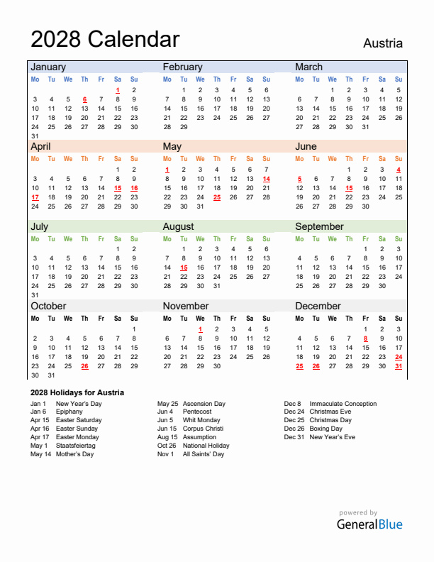 Calendar 2028 with Austria Holidays