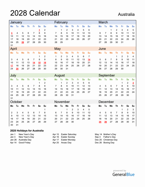 Calendar 2028 with Australia Holidays