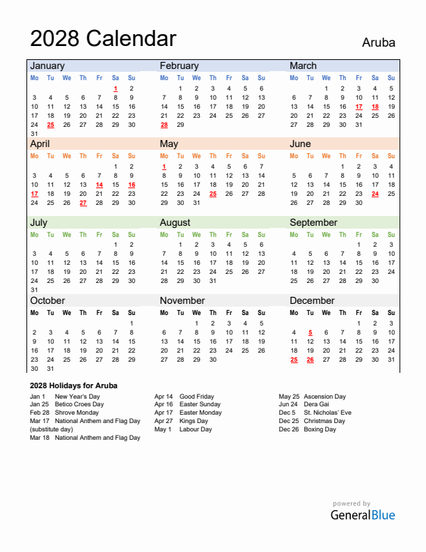 Calendar 2028 with Aruba Holidays