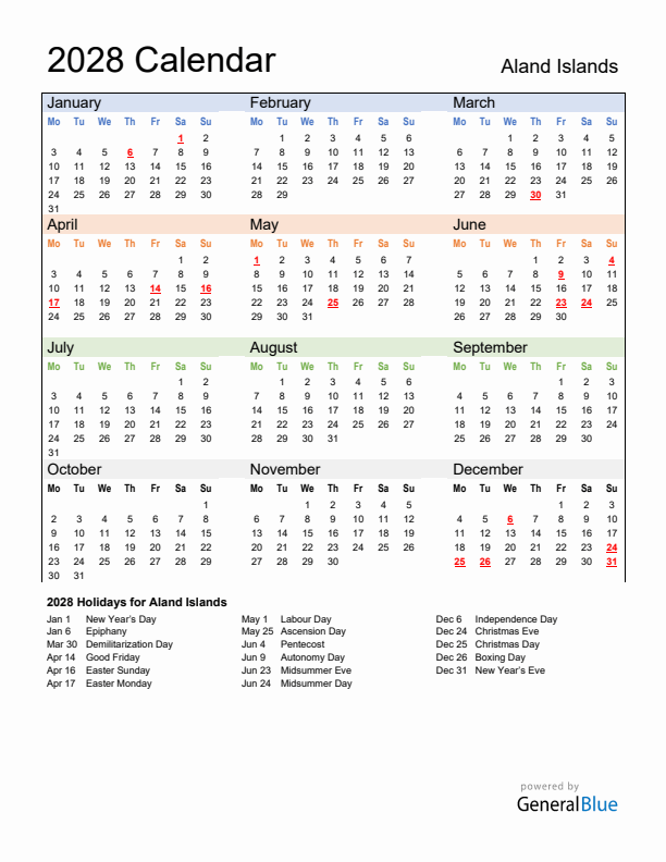 Calendar 2028 with Aland Islands Holidays