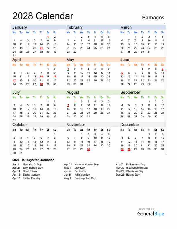 Calendar 2028 with Barbados Holidays