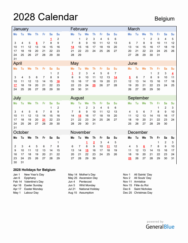 Calendar 2028 with Belgium Holidays
