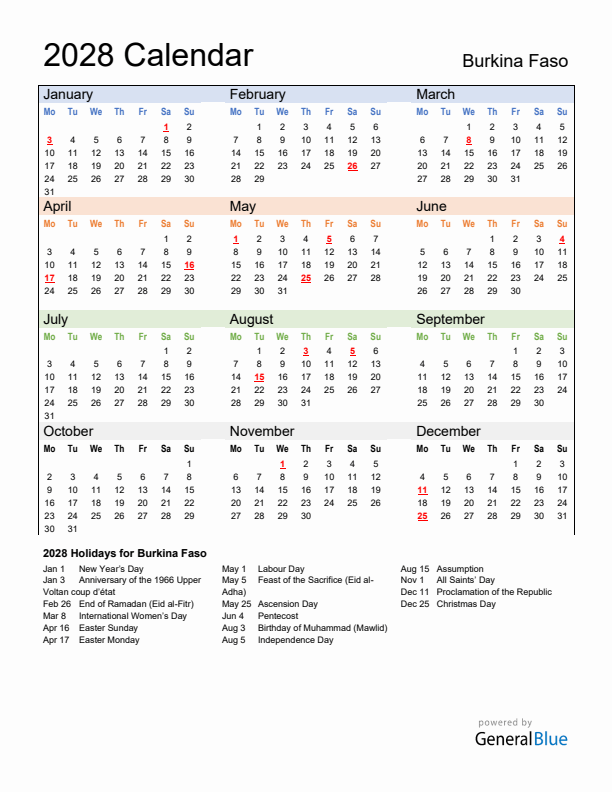 Calendar 2028 with Burkina Faso Holidays