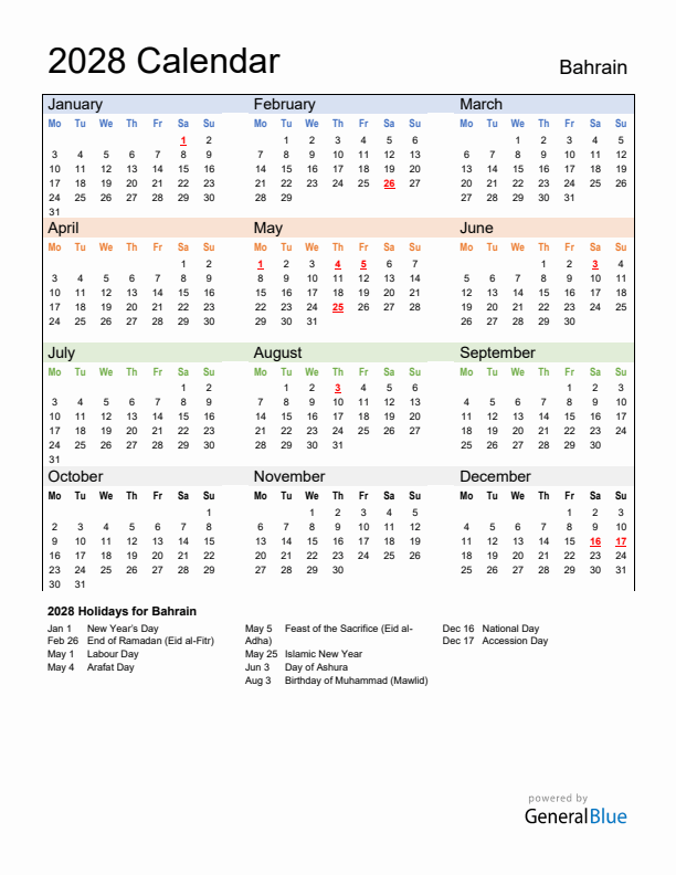 Calendar 2028 with Bahrain Holidays