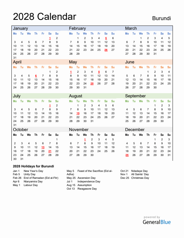 Calendar 2028 with Burundi Holidays