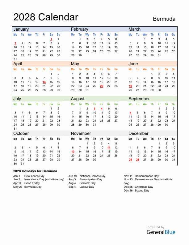 Calendar 2028 with Bermuda Holidays